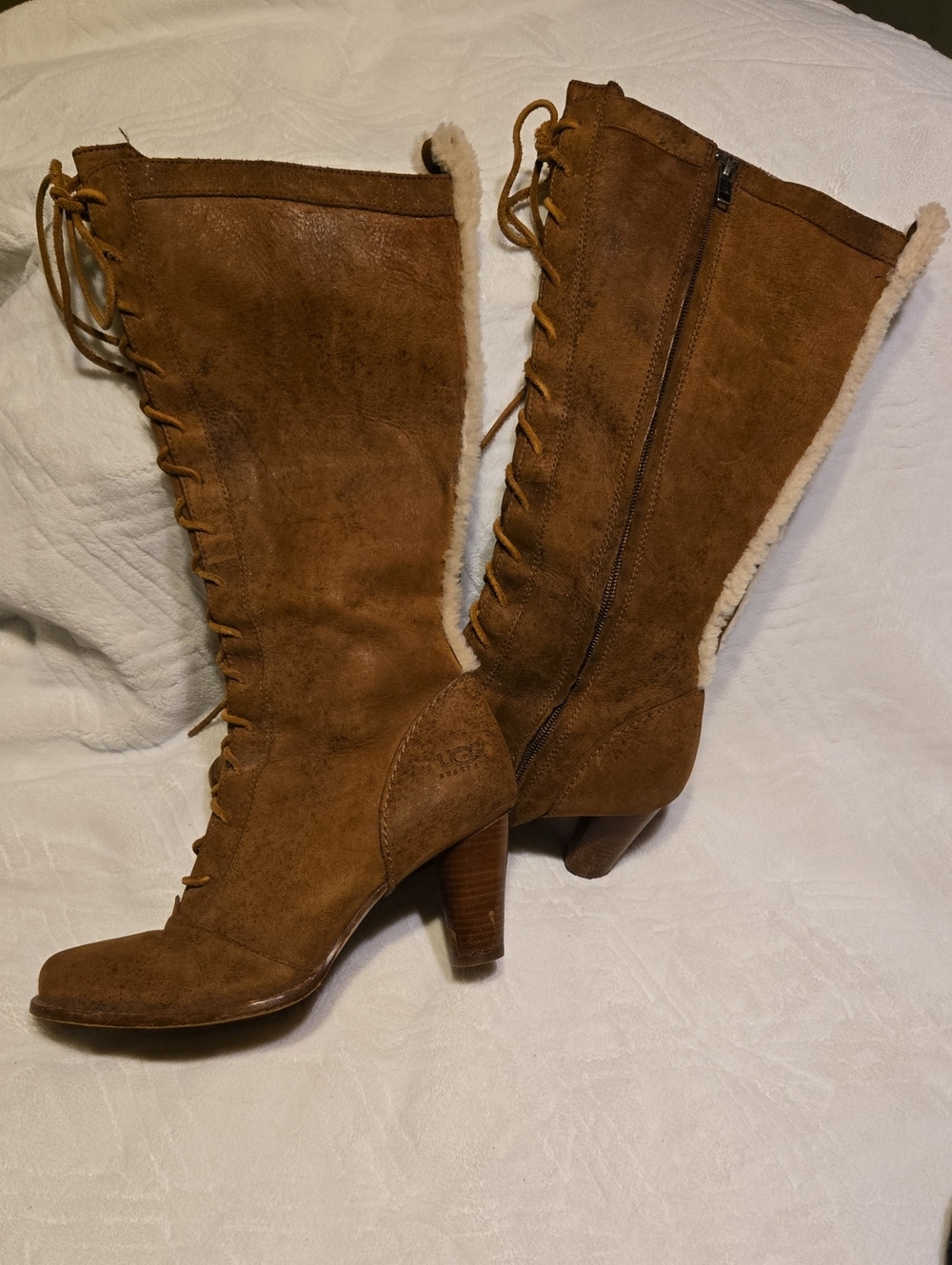 UGG Distressed Leather Lace-Up Shearling Trim Heeled Boots